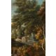 Óleo sobre lienzo Paisaje de campiña romana con cascada atribuido a Gaspard Dughet siglo XVII