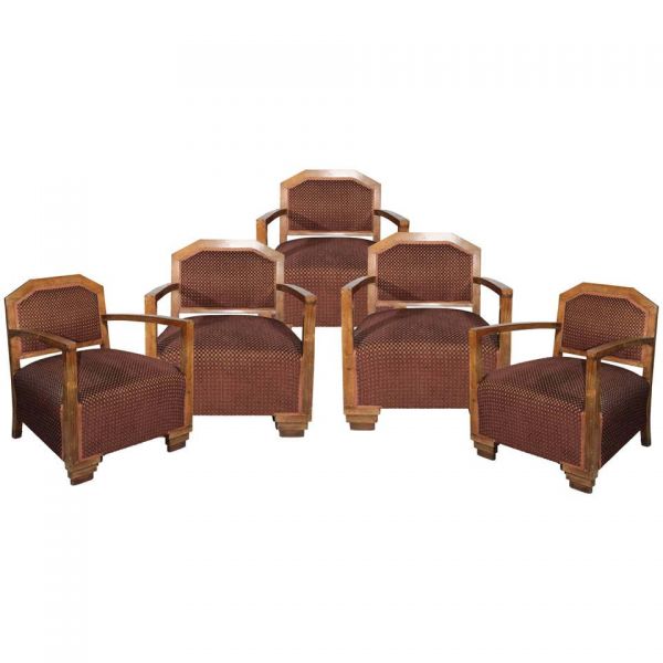 Juego de cinco sillones de madera de terciopelo marrón art deco de los años 80. 