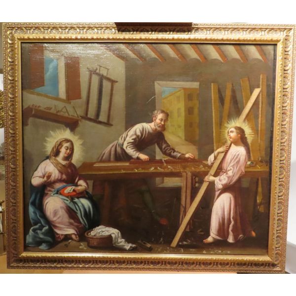 Óleo sobre lienzo “Sagrada familia en carpintería” escuela sevillana siglo XVII