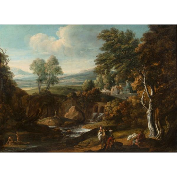 Óleo sobre lienzo Paisaje de campiña romana con cascada atribuido a Gaspard Dughet siglo XVII