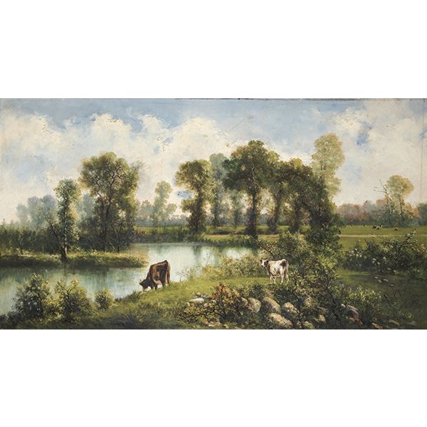 ESCUELA ESPAÑOLA S. XIX - Paisaje con río y vacas pastando