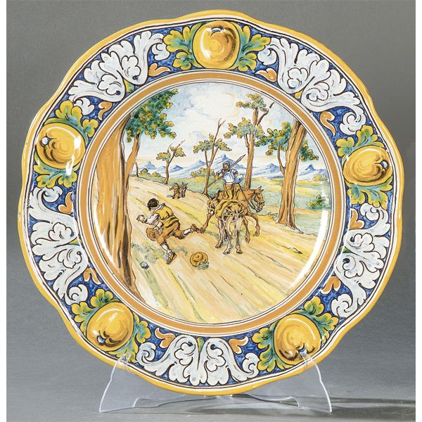 Plato de cerámica de Talavera ff. S. XIX Temas del Quijote