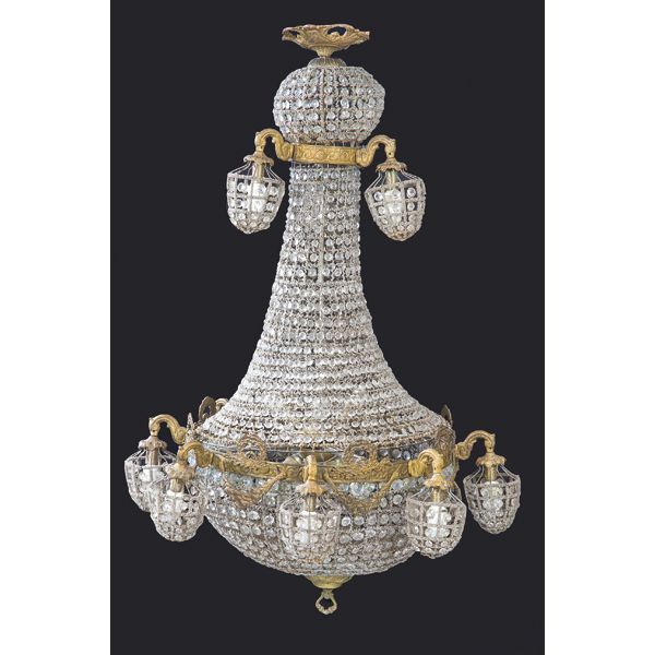 Lámpara de techo estilo Luis XVI con sartas de cristal tallado y bronce. Principios S. XX