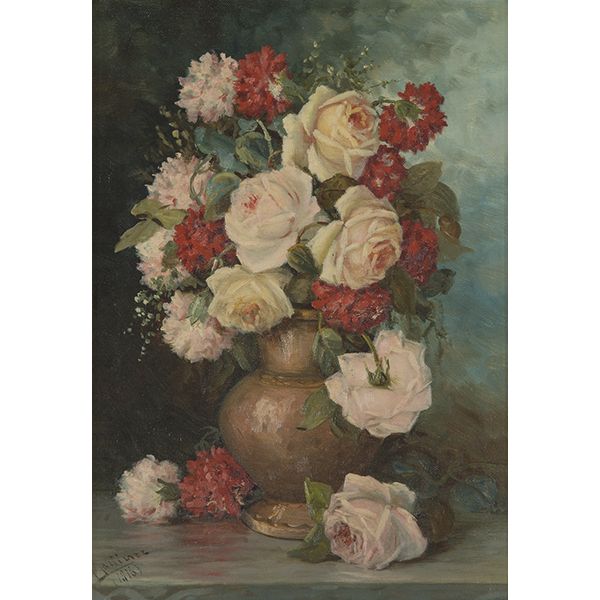 ESCUELA ESPAÑOLA S. XIX - Jarrón de rosas y claveles