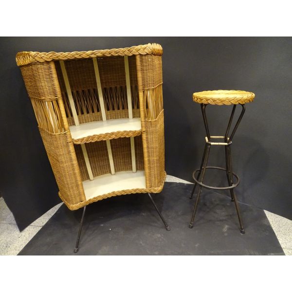 Mueble bar de madera, mimbre y forja, 60's - Francia