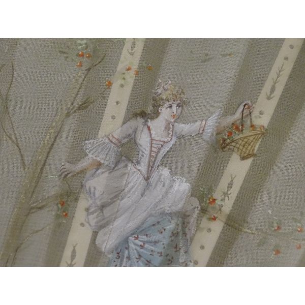 Abanico antiguo francés, nácar y seda, pintado a mano, s. XIX