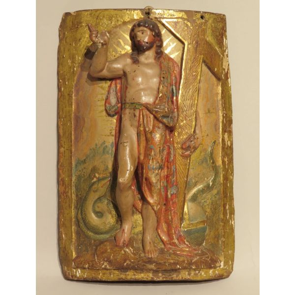 Relieve en madera policromada y dorada Jesús resucitado siglo XVII