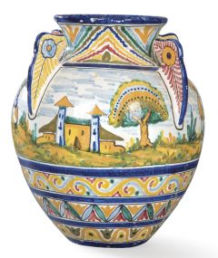 Orza en cerámica esmaltada y policromada con decoración de escena cinegética. Valencia, S. XX