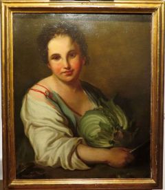 Óleo sobre lienzo Retrato de niña con col seguidor de Giacomo Ceruti, escuela napolitana siglo XVIII